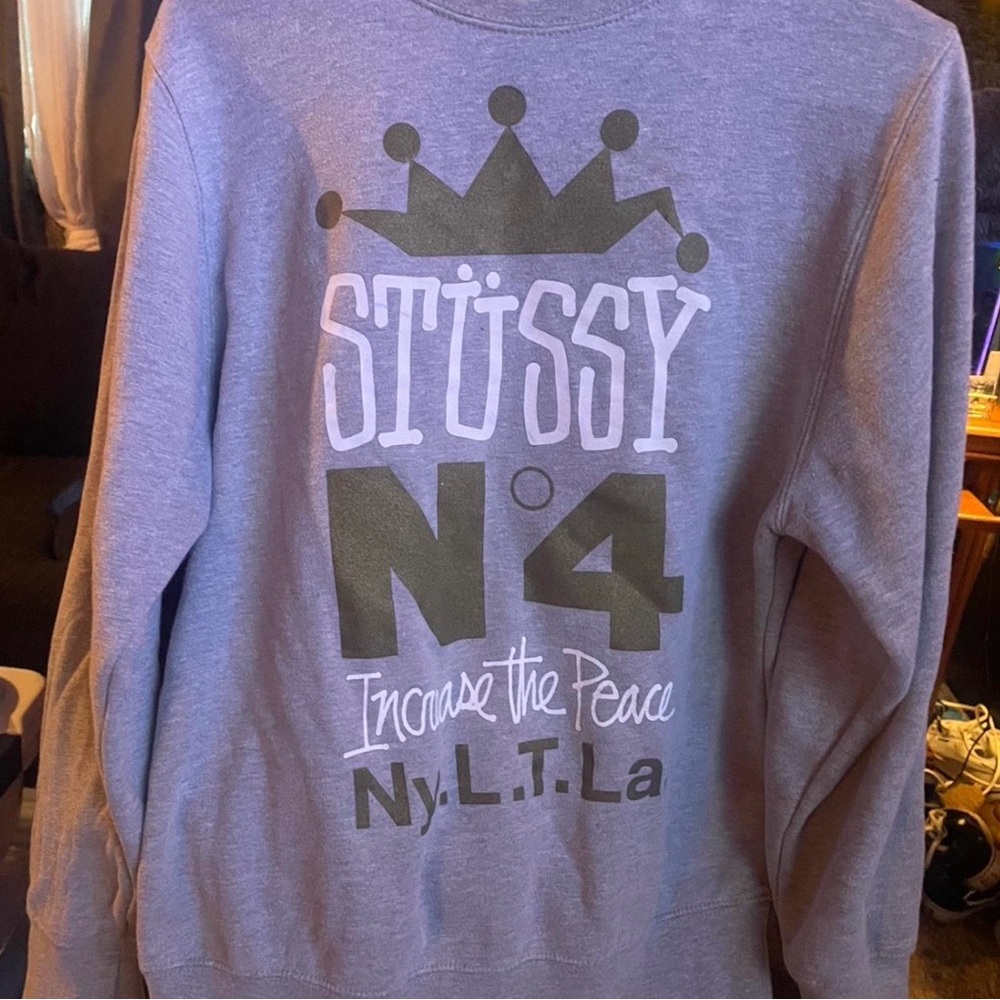 Stussy Blue and Green Graphic Crewneck Sweater